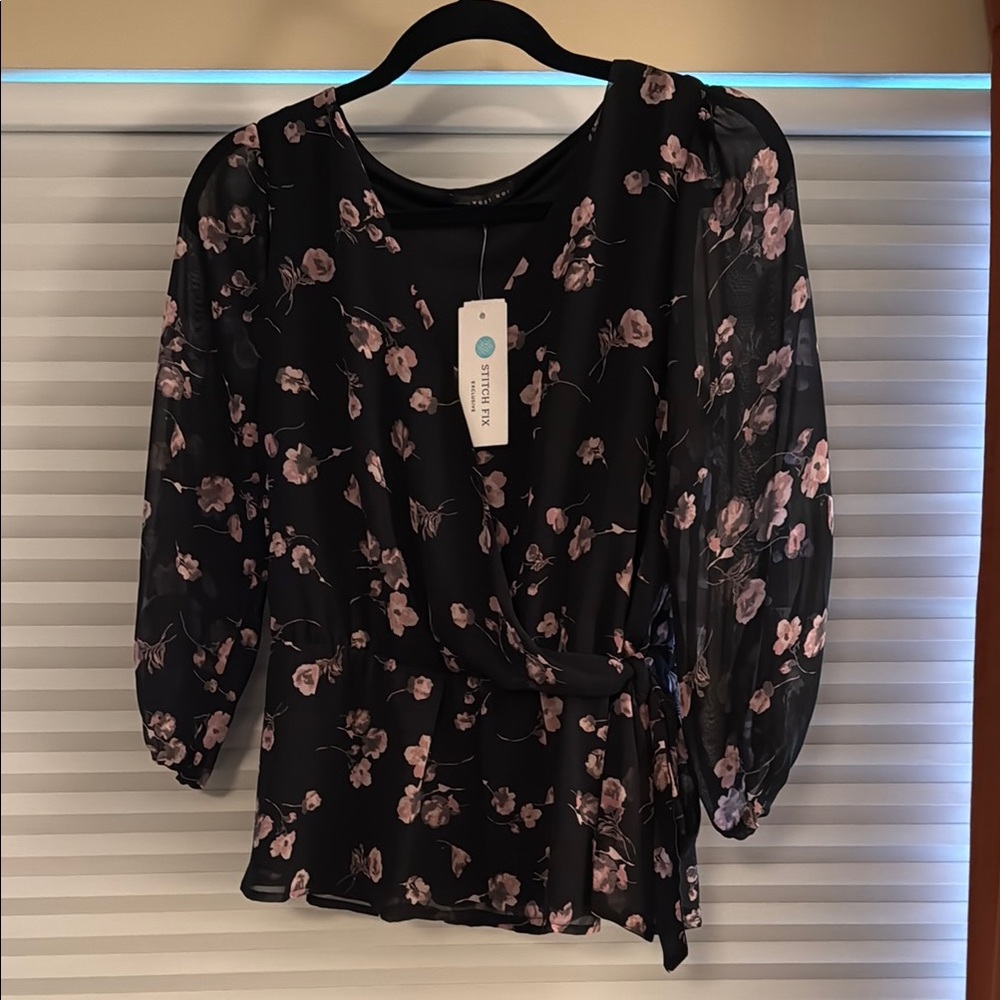 West Kei Black Asymmetrical Blouse with Puff Sleeves